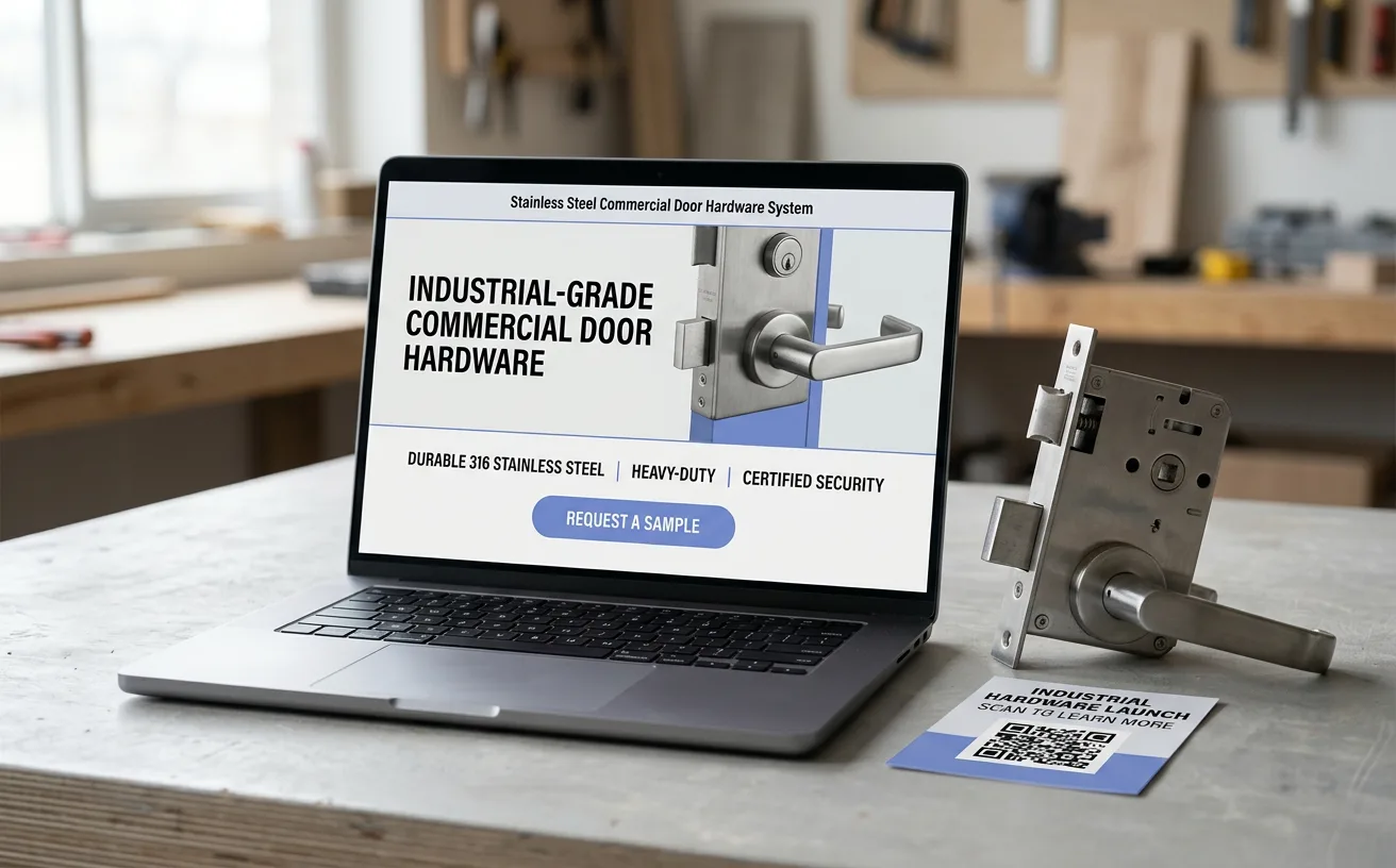 A laptop showing a product launch microsite for commercial door hardware, next to the hardware and a trade show card with a QR code