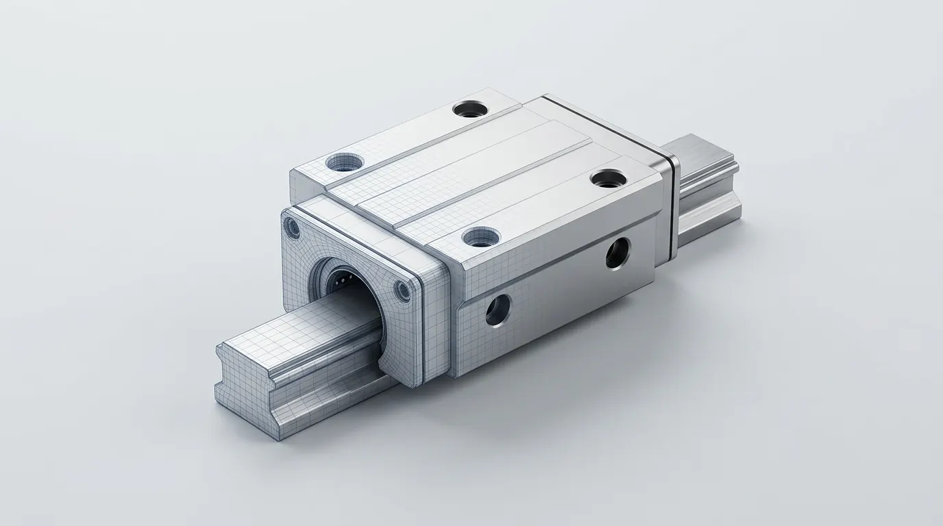Illustrative CAD-style view of a precision linear bearing and guide rail