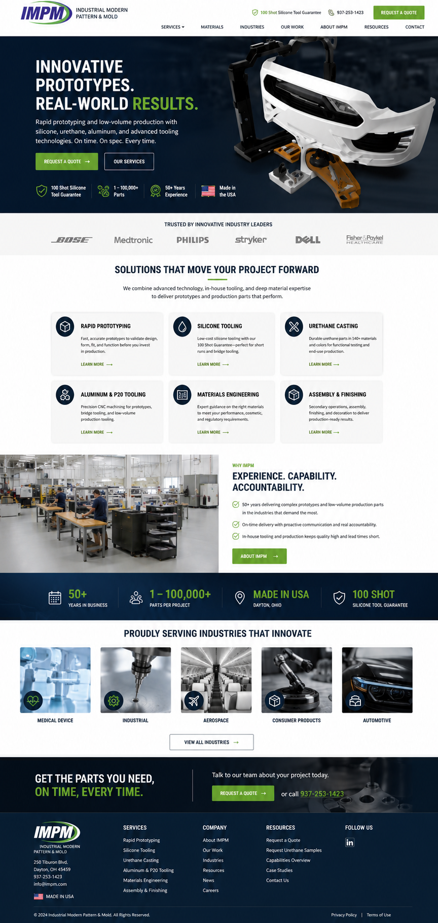 The rebuilt homepage with a bold headline, a real prototype hero image, trust logos, and a benefit-driven services grid.