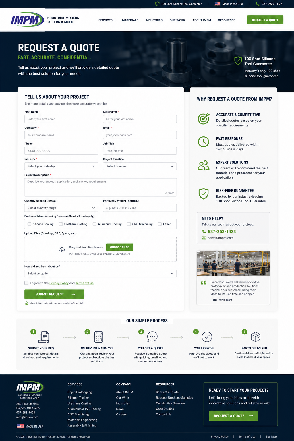 The rebuilt request-a-quote page with a detailed project form, a why-choose-us sidebar, and a five-step process band.