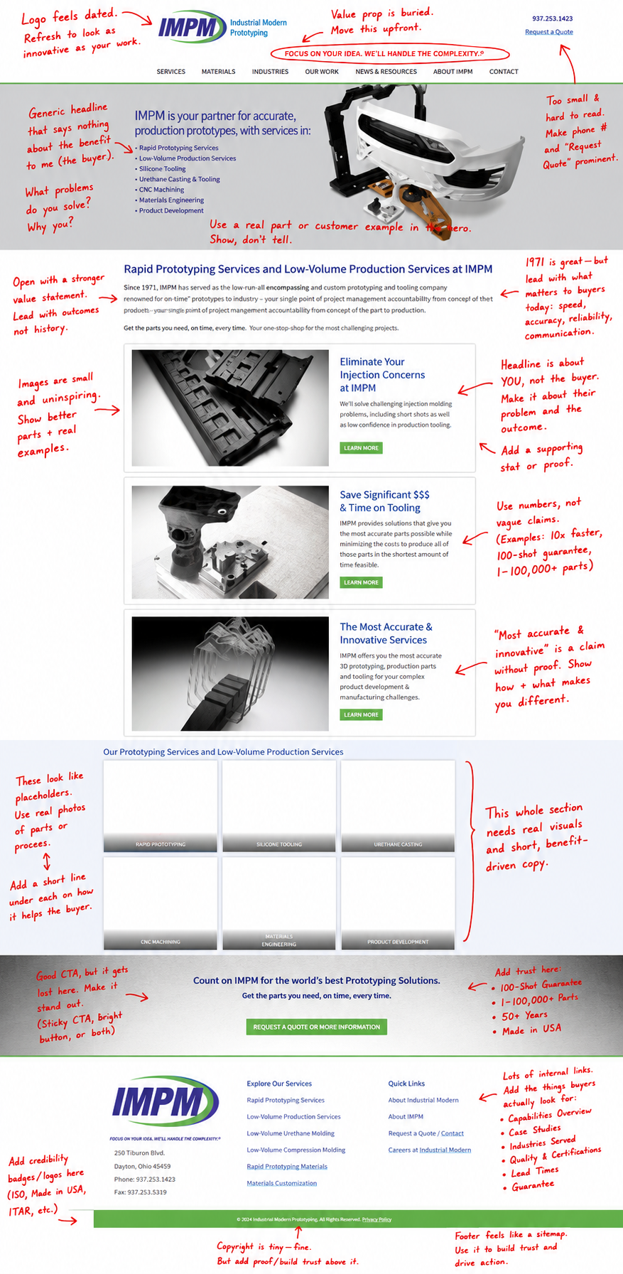 The original manufacturing homepage marked up in red with notes on the dated logo, buried value prop, and vague claims.